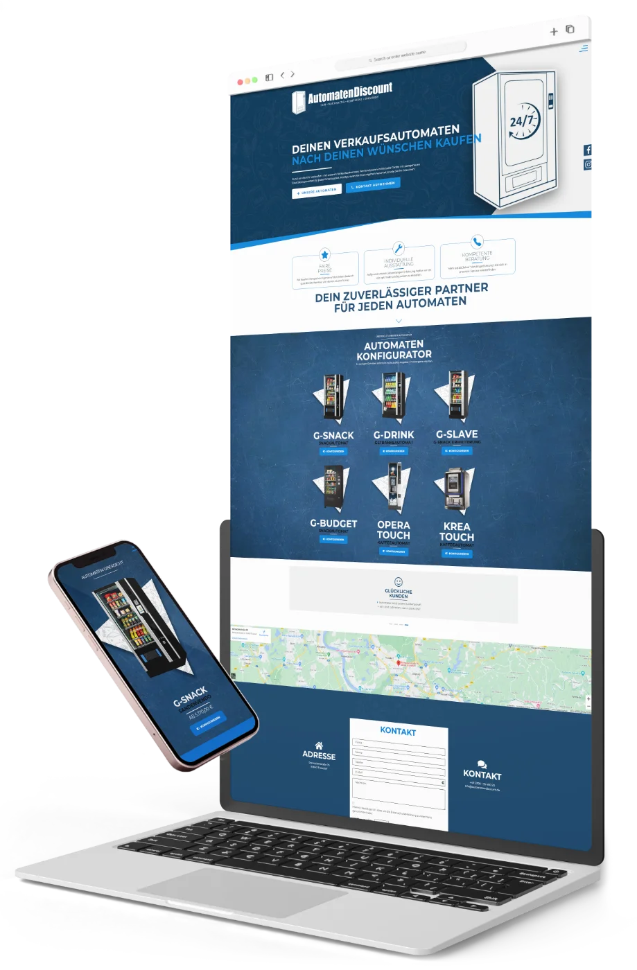 AutomatenDiscount &mdash; Webauftritt Mockup auf Laptop und Smartphone