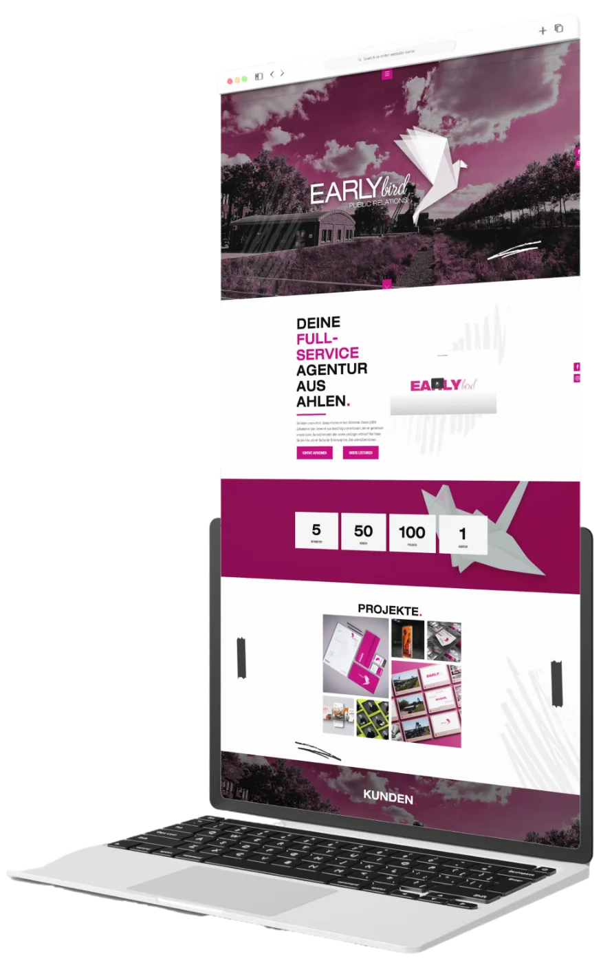 EARLYbird-PR Werbeagentur &mdash; Webauftritt Mockup auf Laptop und Smartphone