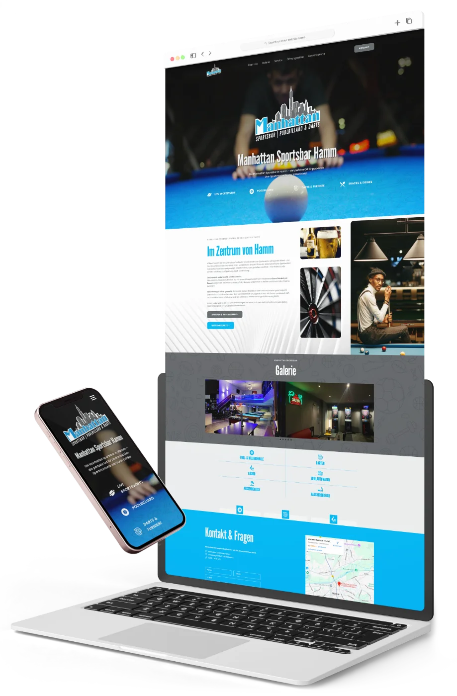 Manhattan Sportsbar &mdash; Webauftritt Mockup auf Laptop und Smartphone