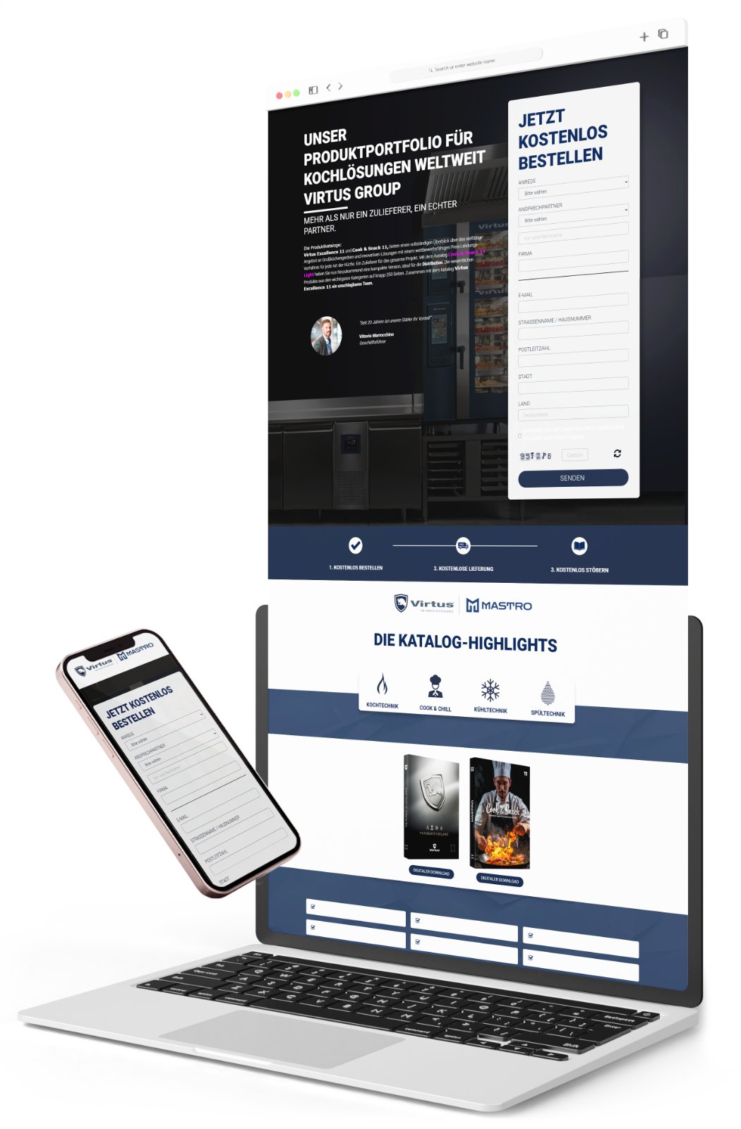 Virtus Katalogbestellung &mdash; Landingpage Mockup auf Laptop und Smartphone