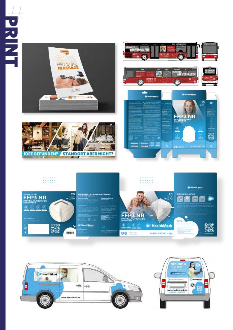 Print: HealthMask-Verpackungsdesign, Damberg-Busfolierung, Salon-Werbung und mehr