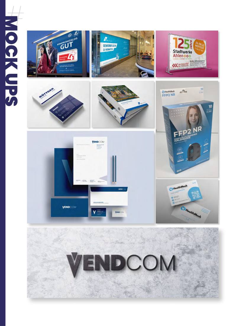 Mock-Ups verschiedener Brand-Identitäten: Außenwerbung, Visitenkarten, Verpackung und Stationery
