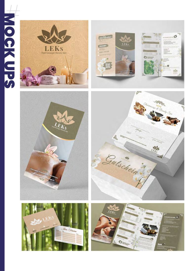 LEKs Thaimassage Spa — kompletter Brand-Auftritt mit Flyer, Gutschein, Visitenkarten und Speisekarte